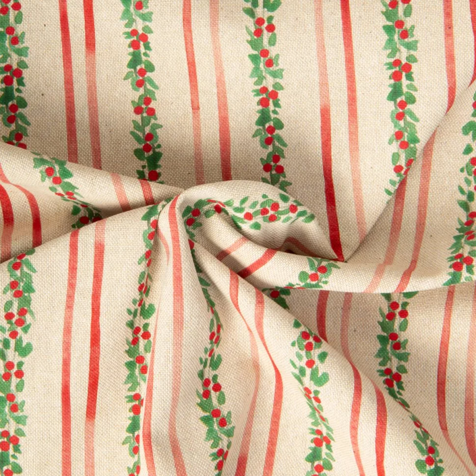 Tissu Toile de Coton aspect Lin Xmas rayures Rouge et Vert sur fond Naturel