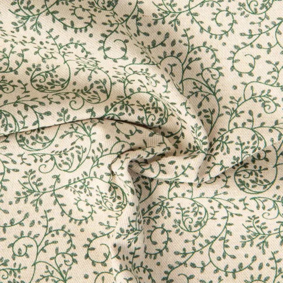 Tissu Toile de Coton aspect Lin Shine motif floral Vert pailleté sur fond Naturel