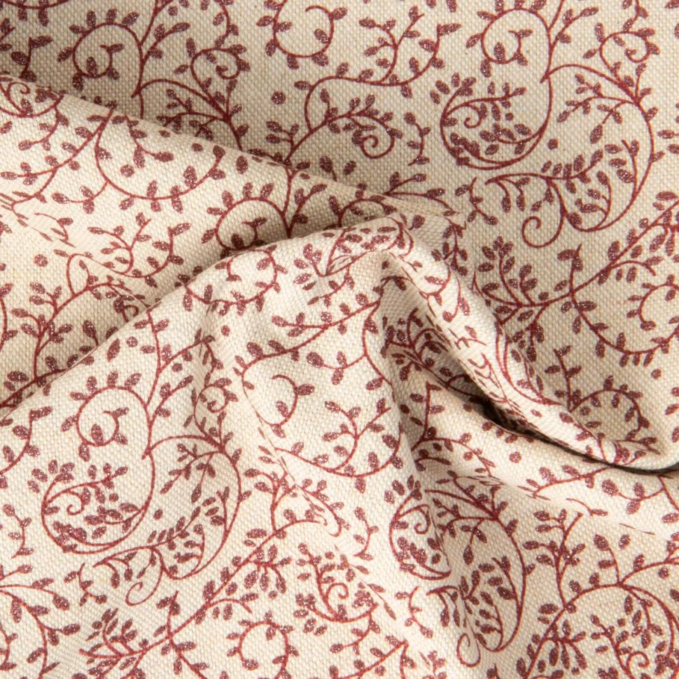 Tissu Toile de Coton aspect Lin Shine motif floral Bordeaux pailleté sur fond Naturel
