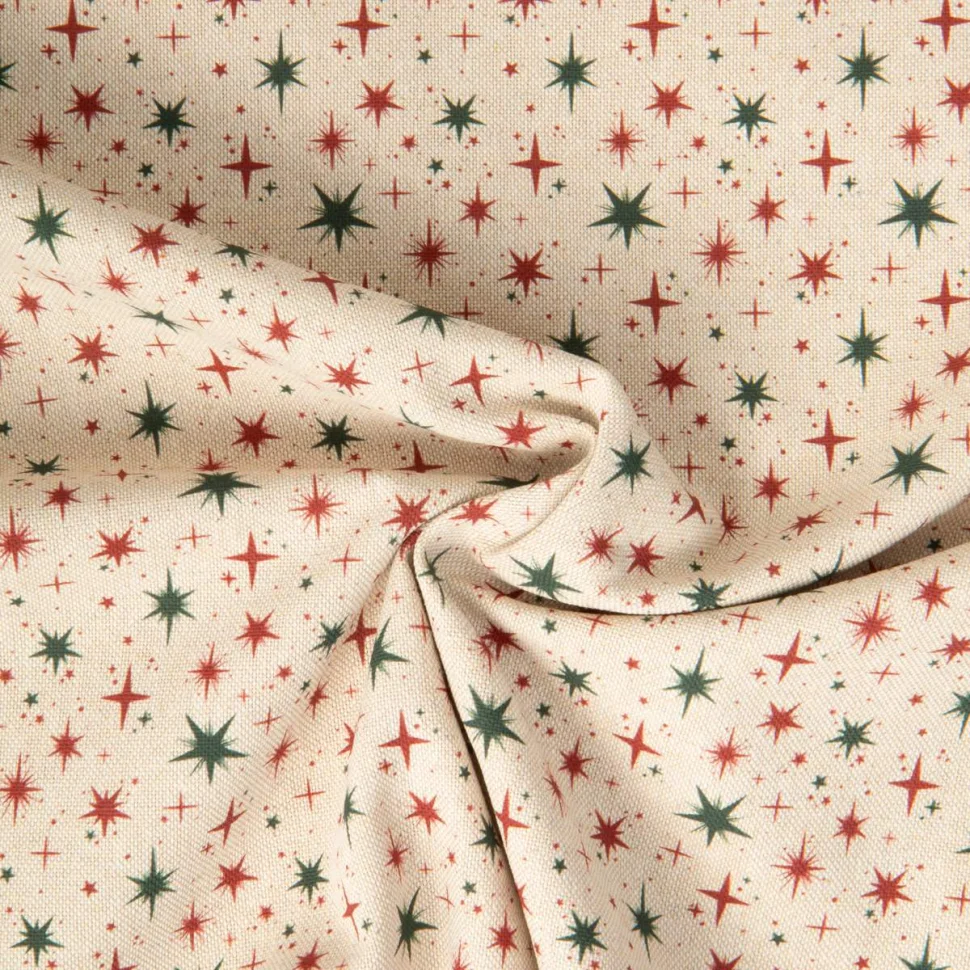 Tissu Toile de Coton aspect Lin Nino étoiles de Noël sur fond Naturel