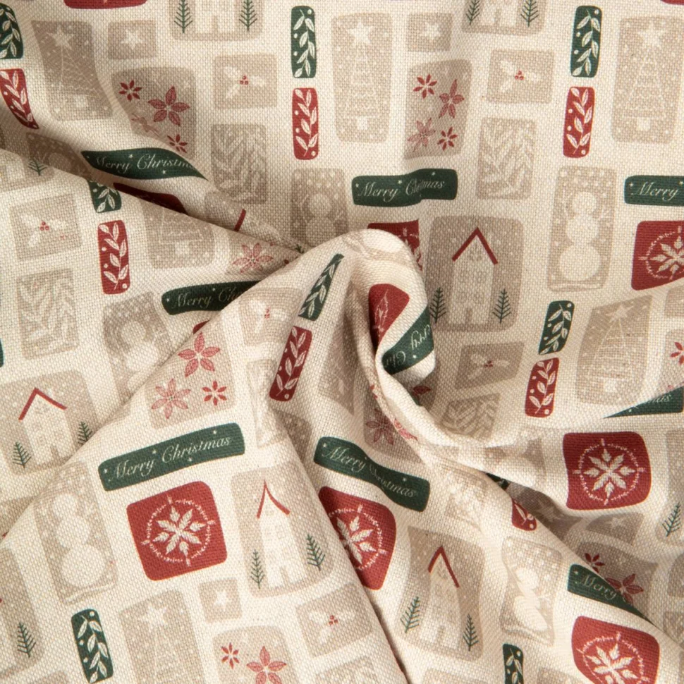 Tissu Toile de Coton aspect Lin Nino esprit de Noël sur fond Naturel