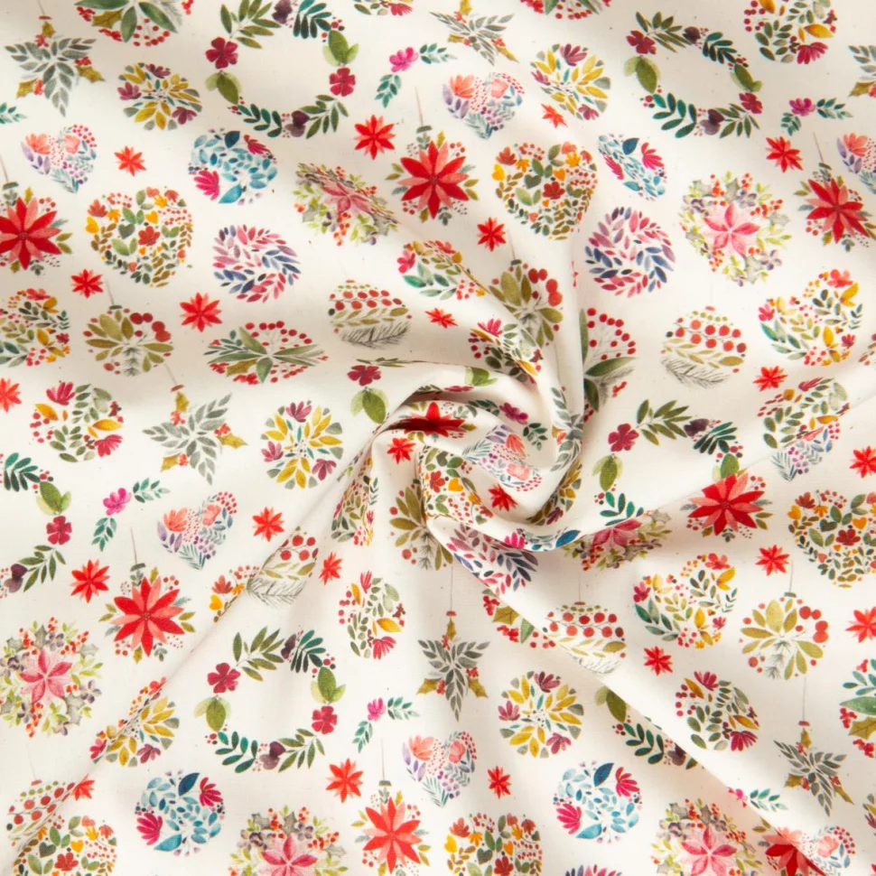 Tissu Popeline de Coton imprimé Robin décoration Noël sur fond Ecru