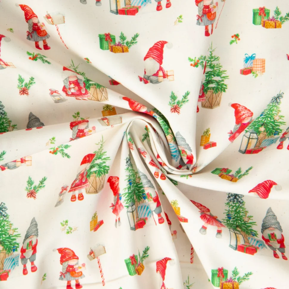 Tissu Popeline de Coton imprimé Robin lutins de Noël sur fond Ecru