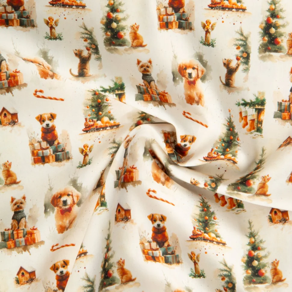 Tissu Popeline de Coton imprimé Robin animaux de Noël sur fond Ecru