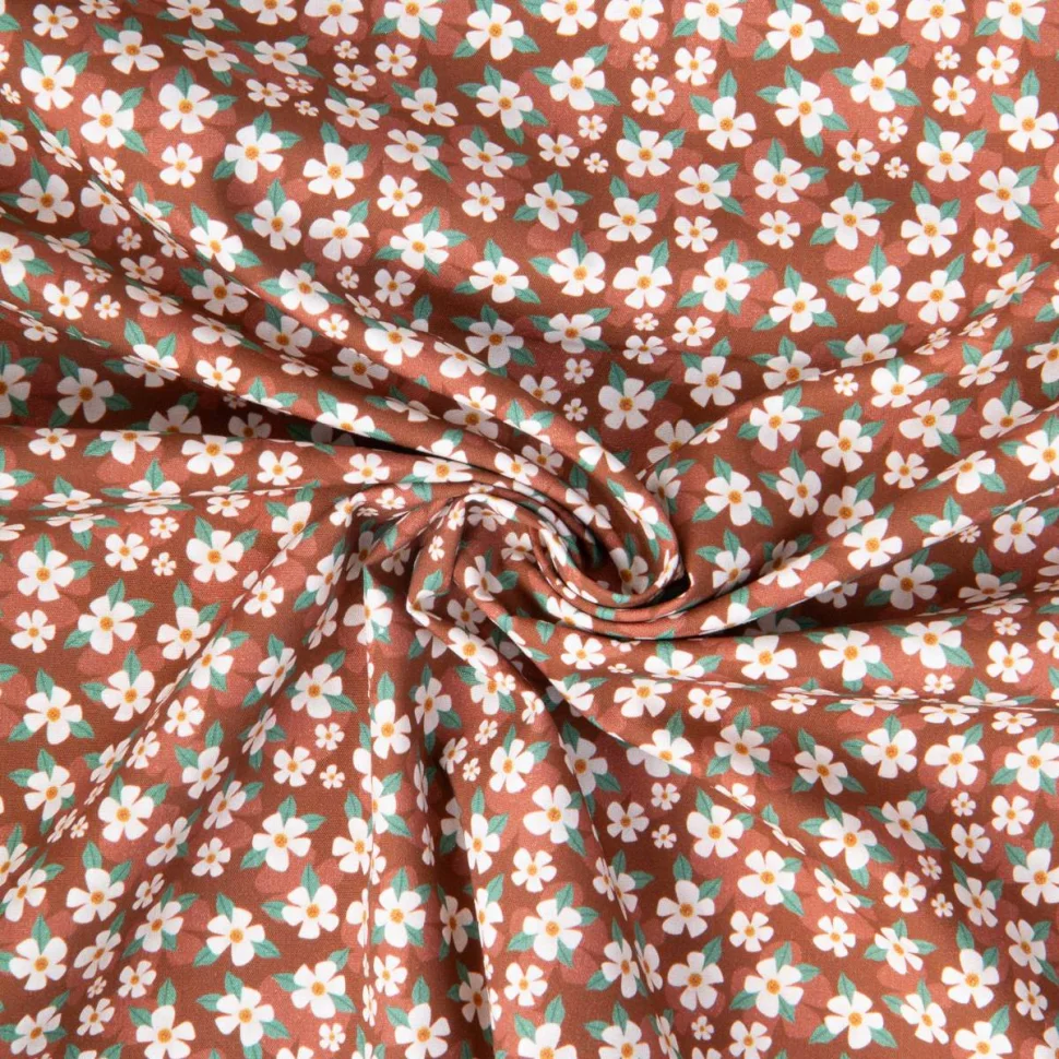 Tissu Popeline de Coton Petites fleurs Blanc et Vert sur fond Marron