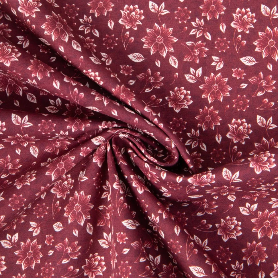 Tissu Popeline de Coton Sidonie petites fleurs sur fond Bordeaux