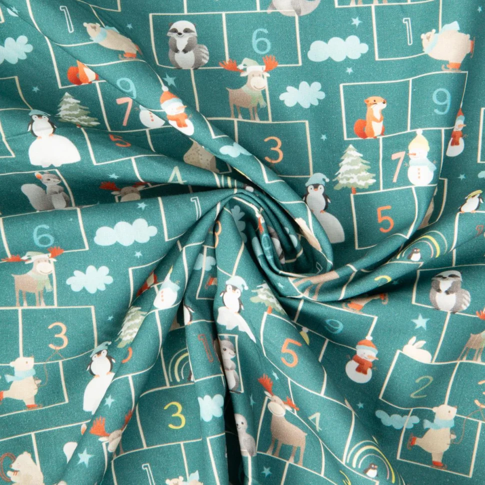 Tissu Popeline de Coton Marelle de noël sur fond Vert canard