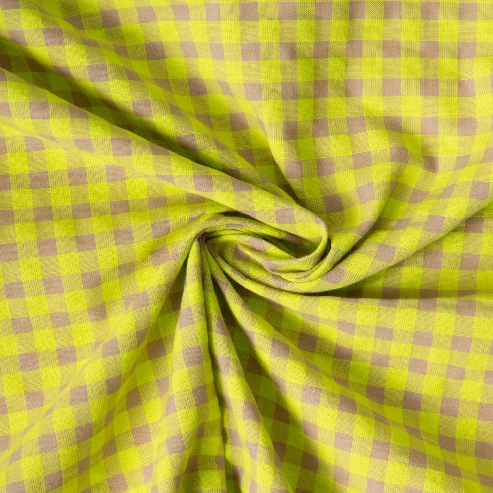Tissu Seersucker Bicolore Carreaux beige sur fond Jaune fluo