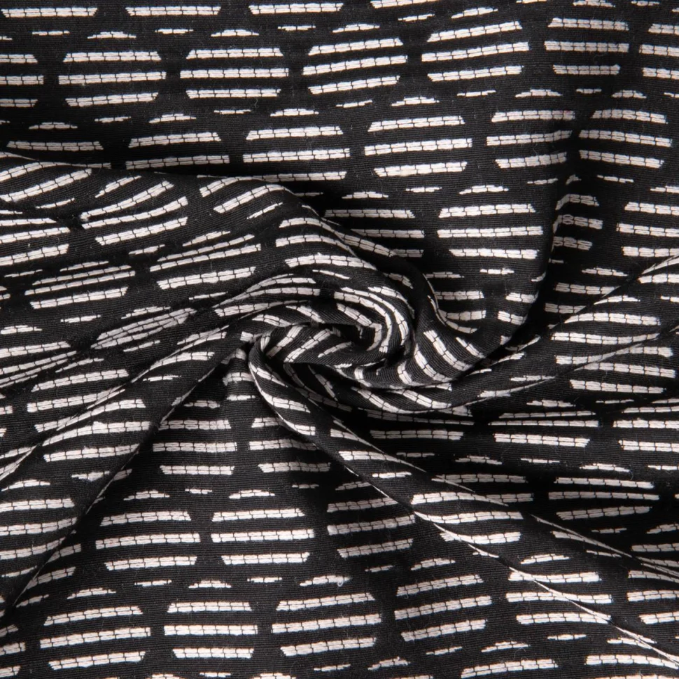 Tissu Jacquard Polycoton Pois rayés blancs sur fond Noir