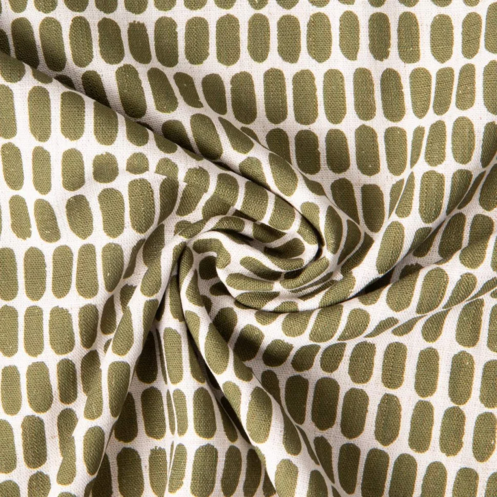 Tissu Lin lavé Viscose Célestin motif graphique Olive sur fond Ecru