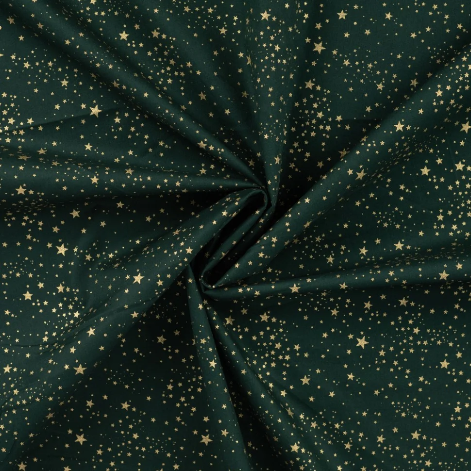 Tissu Popeline de Coton Santa nuit étoilé Dorée sur fond Vert sapin