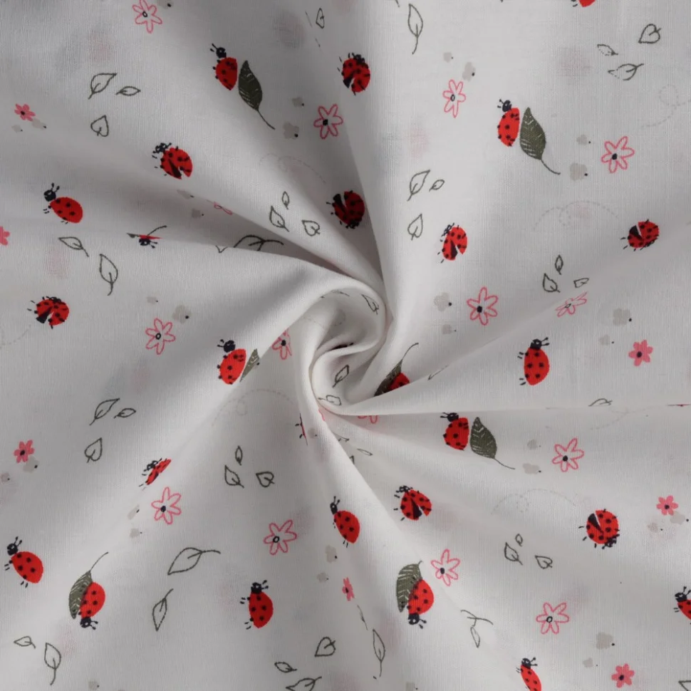 Coupon Tissu Popeline de Coton Coccinelles fleuris sur fond Blanc cassé - Coupon de 20 cm