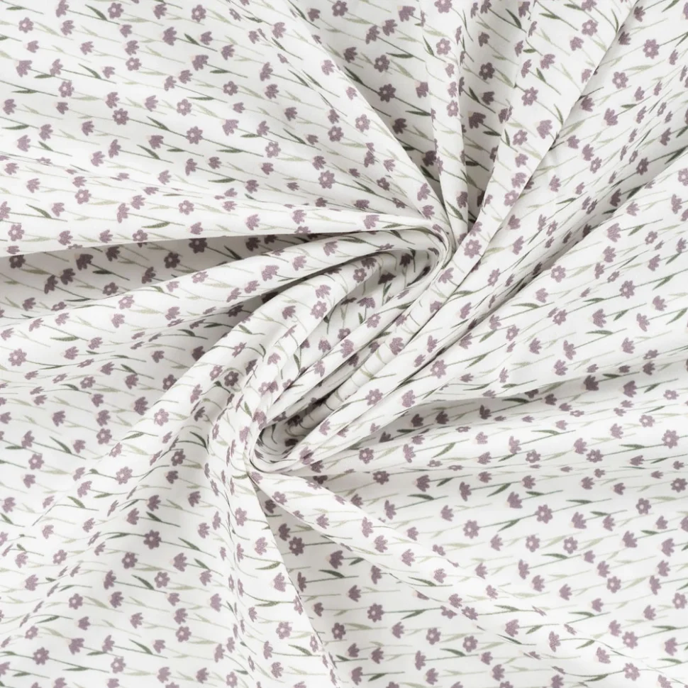 Tissu Popeline de Coton Petites fleurs lilas sur fond Blanc