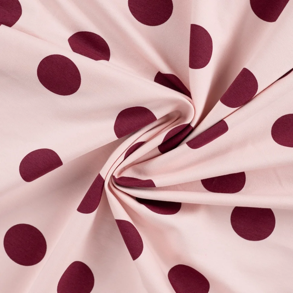 Tissu Sweat léger envers gratté pois Bordeaux sur fond Rose pâle