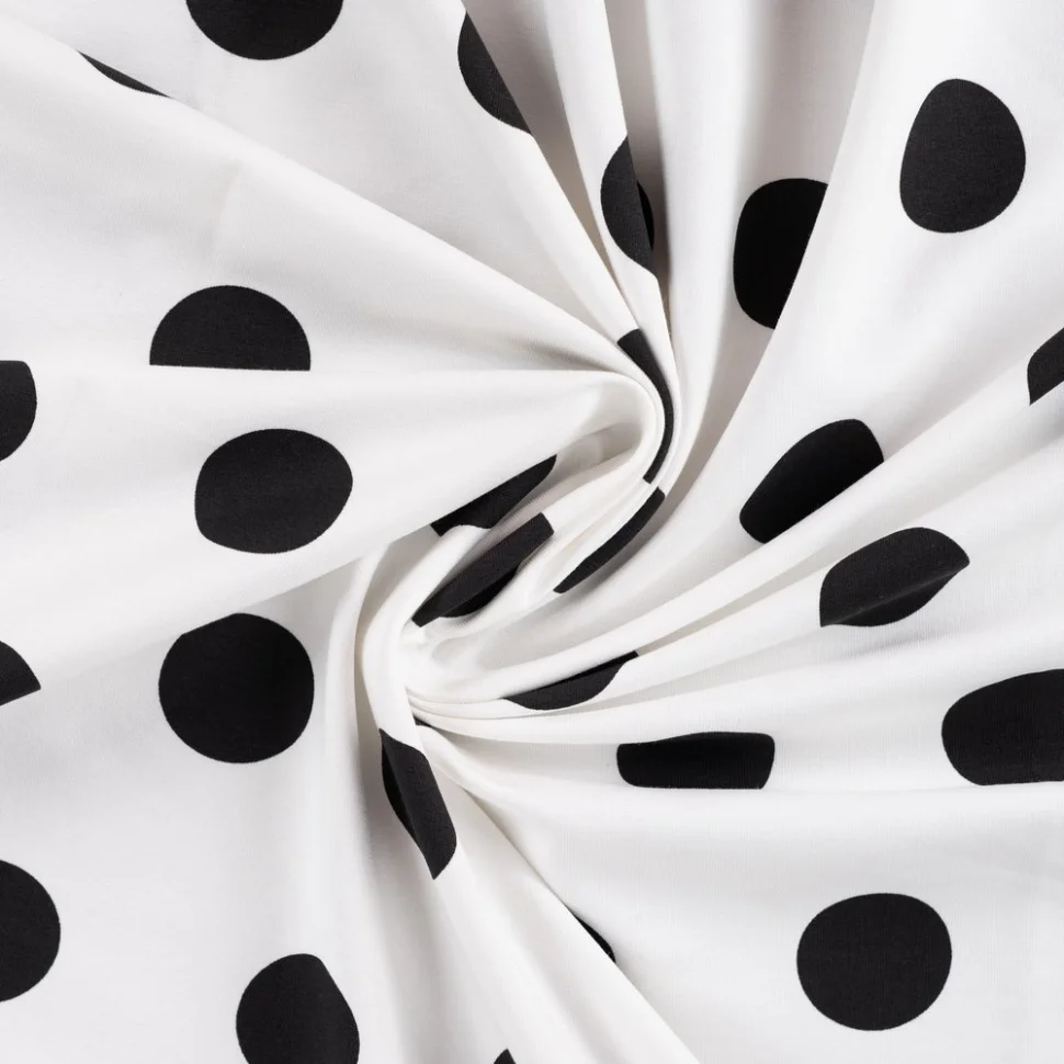 Tissu Sweat léger envers gratté pois Noir sur fond Blanc