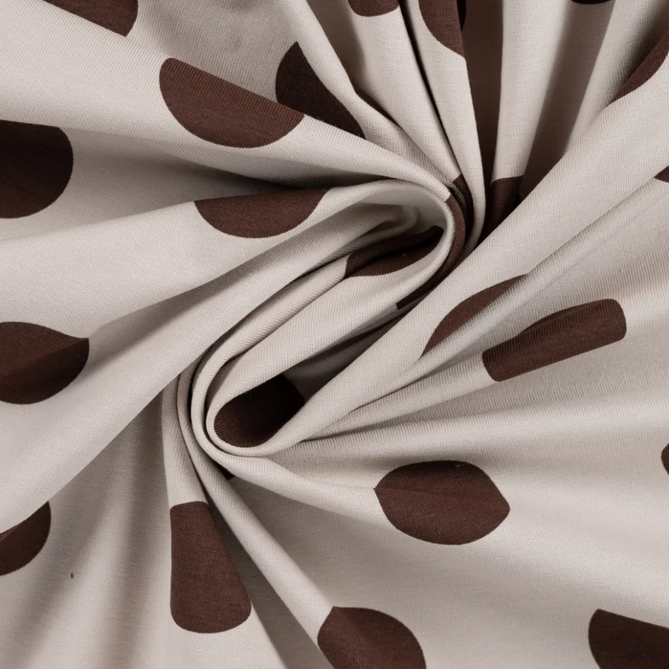 Tissu Sweat léger envers gratté pois Marron sur fond Beige