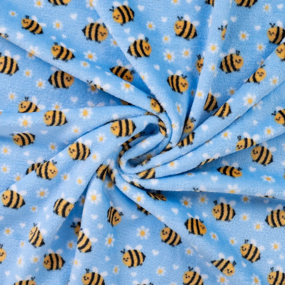 Tissu Doudou imprimé Abeilles fleuries sur fond Bleu ciel