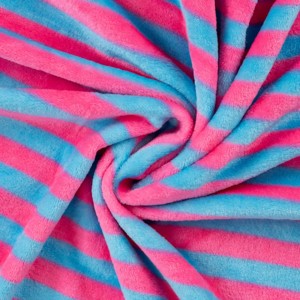 Tissu Doudou imprimé rayures Bleu sur fond Rose fuchsia