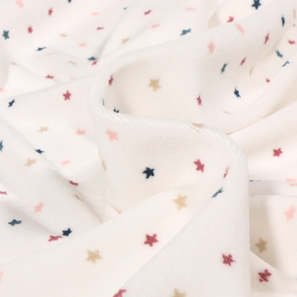 Coupon Tissu Jersey Velours tout doux Etoiles multicolores sur fond Blanc cassé - Coupon de 20 cm