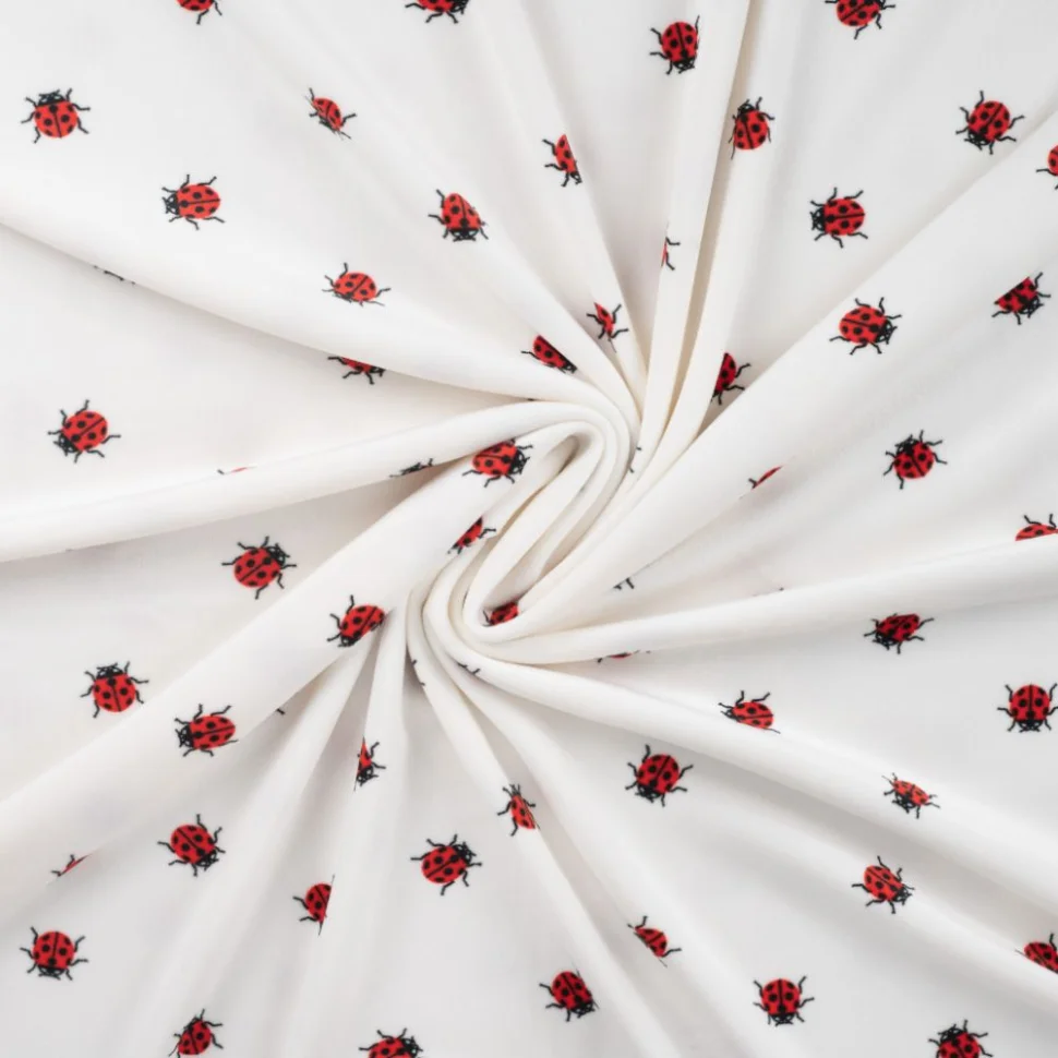 Coupon Tissu Minky Ultra doux Ras Coccinelles rouges sur fond Blanc - Coupon de 200 cm