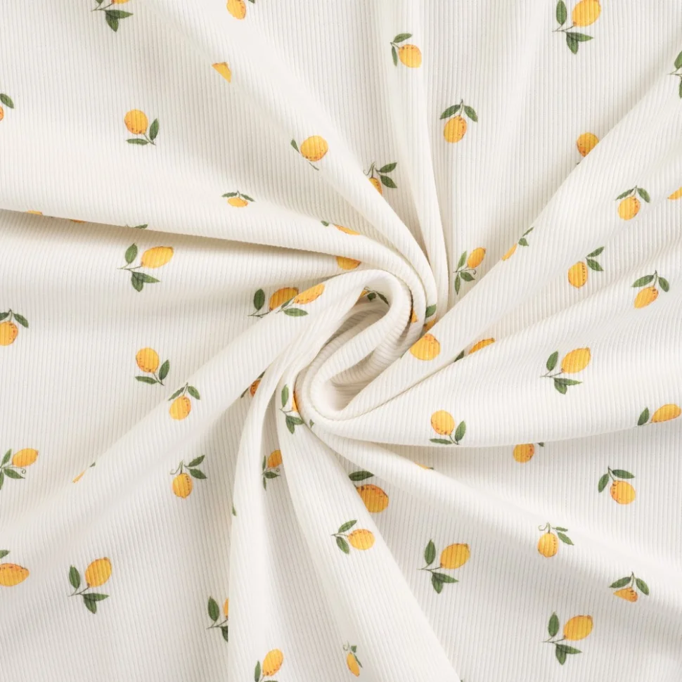 Tissu Jersey Coton Bord côte Citons jaunes sur fond Blanc cassé