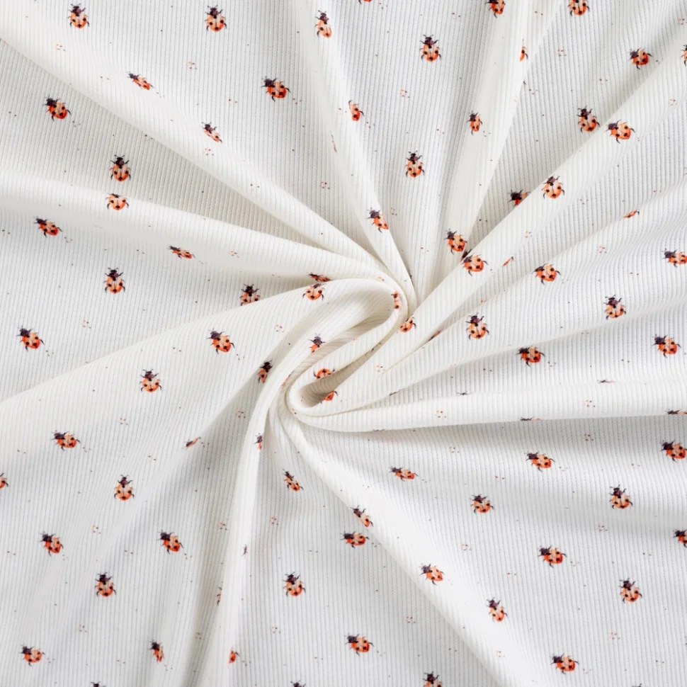 Tissu Jersey Coton Bord côte Coccinelles sur fond Blanc cassé