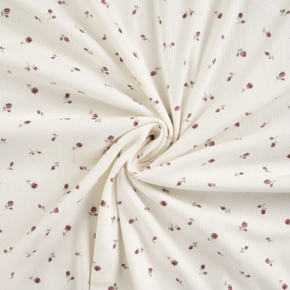 Tissu Jersey Coton Bord côte Petites roses sur fond Blanc cassé