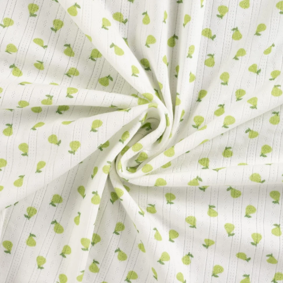Tissu Jersey Coton ajouré Poires sur fond Blanc