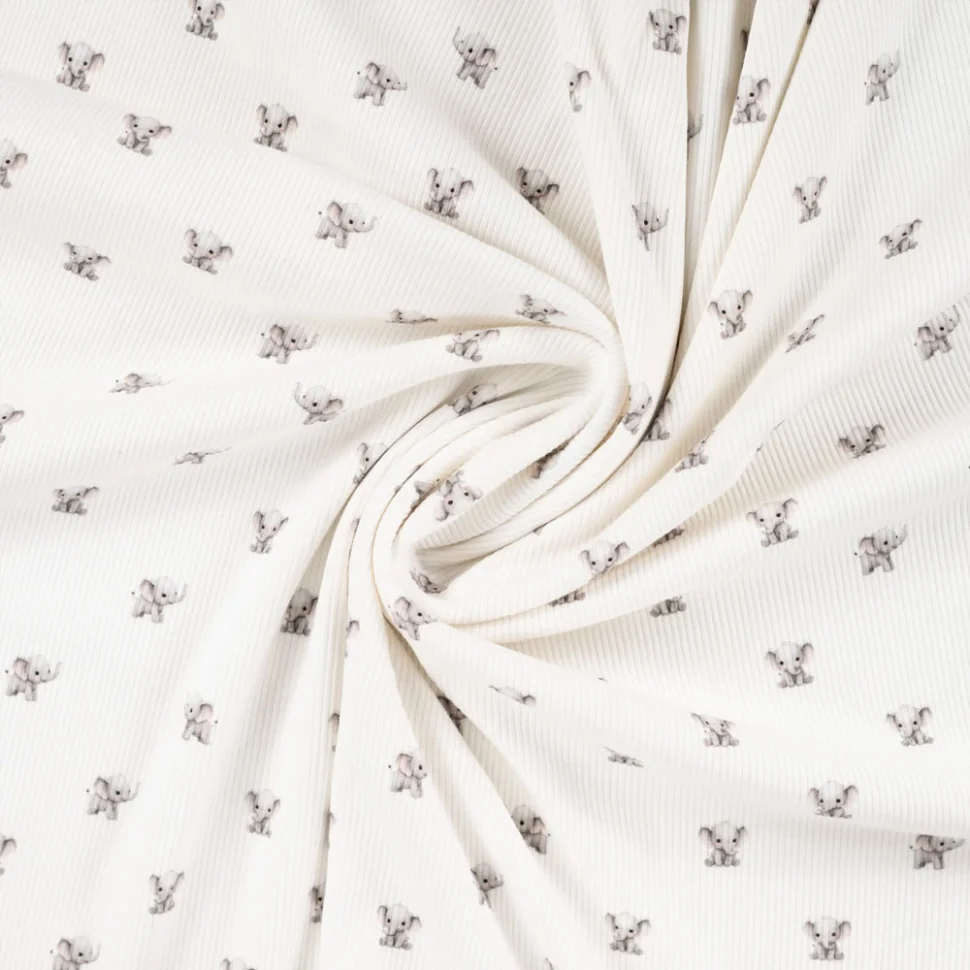 Tissu Jersey Coton côtelé Petits éléphants sur fond Blanc cassé