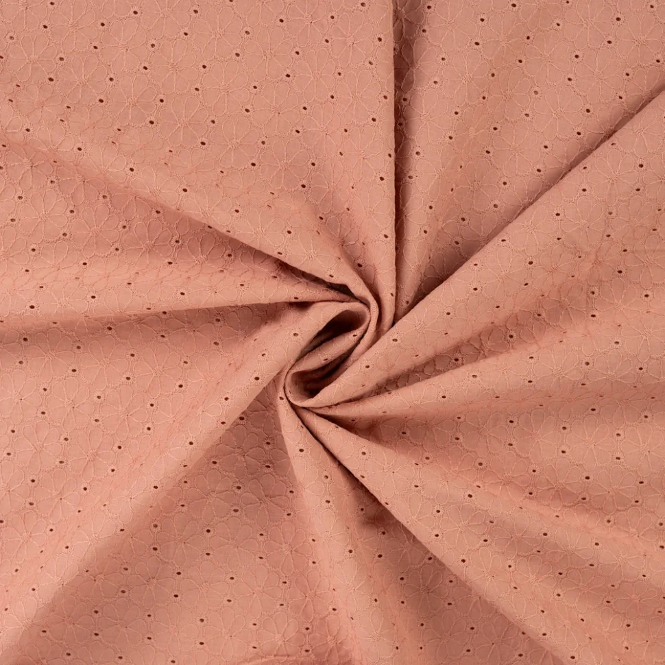 Tissu Coton brodé ajouré Fleuris sur fond Rose nude