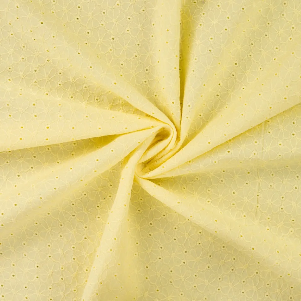 Tissu Coton brodé ajouré Fleuris sur fond Jaune