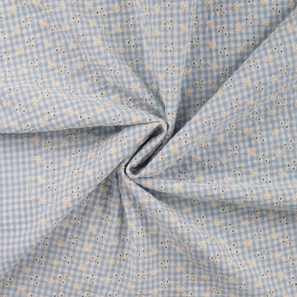 Tissu Seersucker brodé Carreaux Vichy Bleu