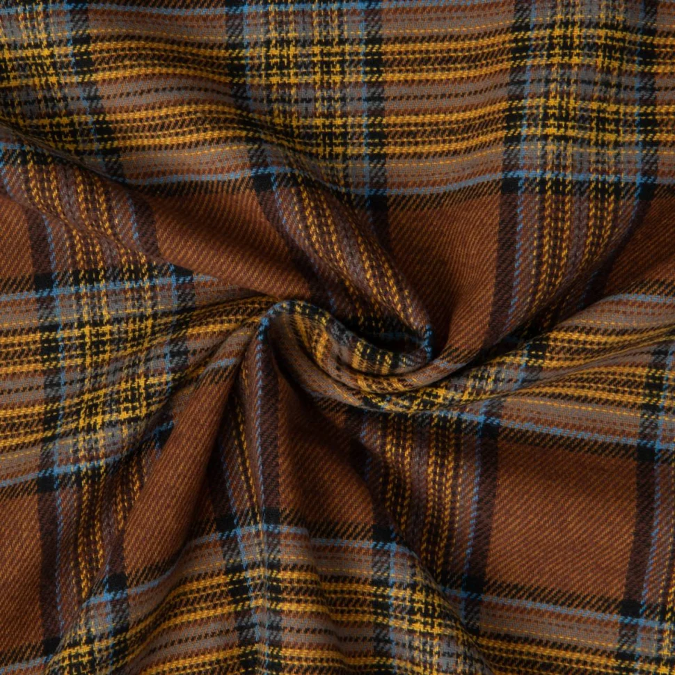 Tissu Flanelle de Coton Kyle carreaux Jaune et Bleu sur fond Brun
