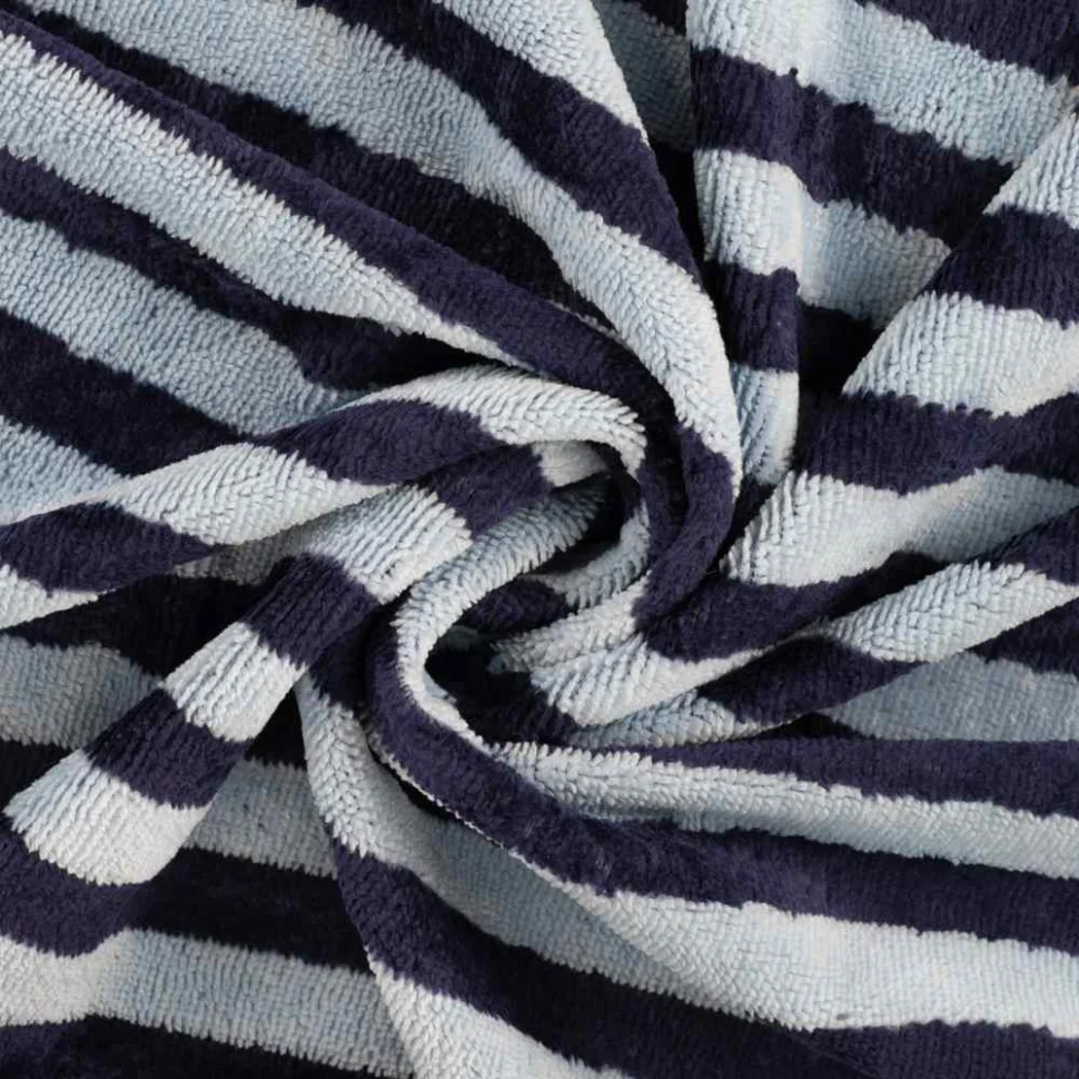 Coupon Tissu Micro Eponge Bambou rayures Lyo bleues marine sur fond Bleu clair - Coupon de 20 cm