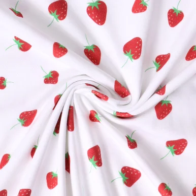 Tissu Jersey Coton imprimé Fraises rouges sur fond Blanc