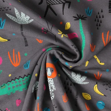 Tissu Jersey Coton imprimé Animaux de la savane sur fond Gris anthracite