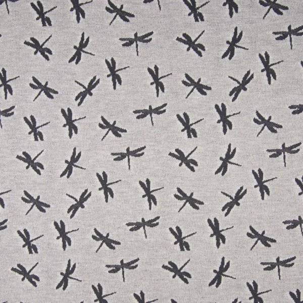 Coupon Tissu Jersey Jacquard  Libellules grise sur fond Gris clair chiné - Coupon de 70 cm