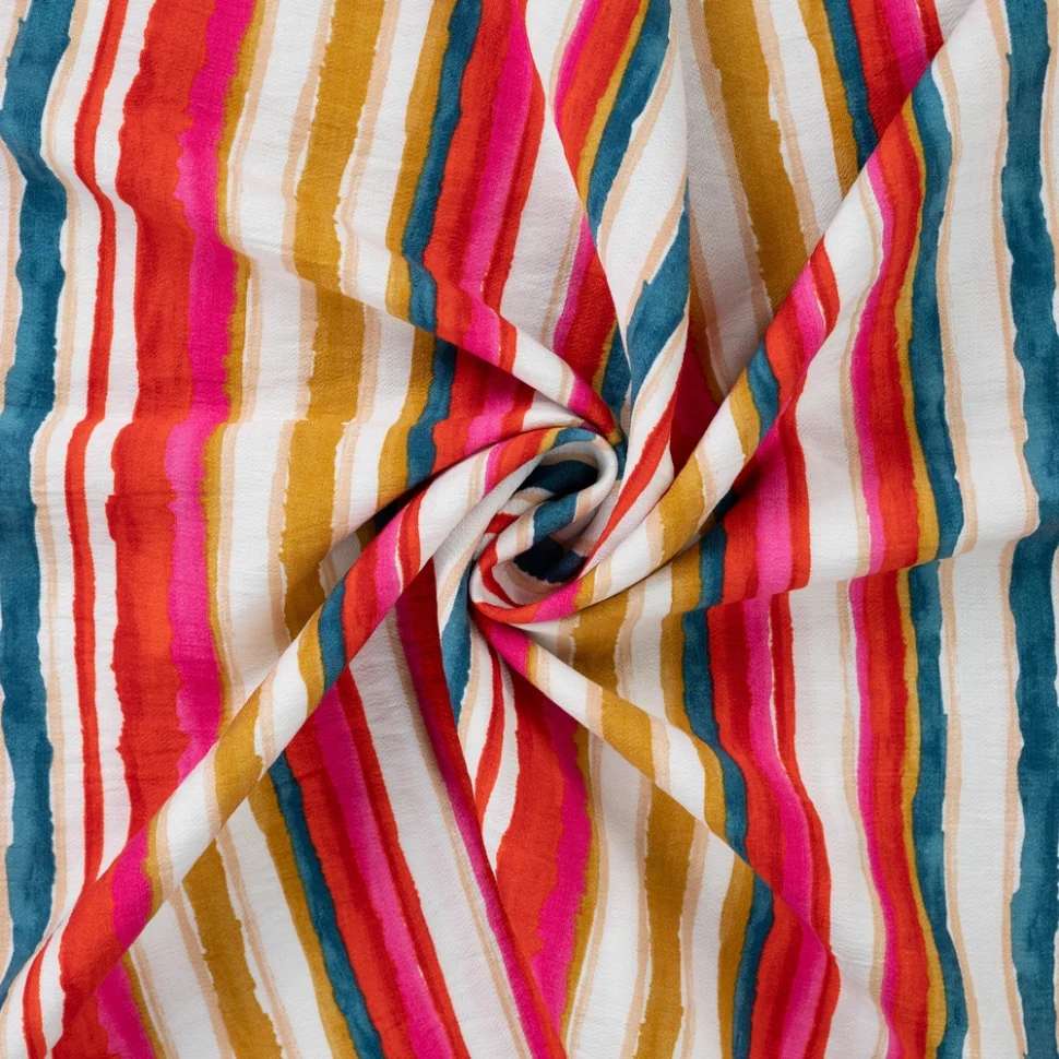 Tissu Viscose texturé Rayures Aquarelle Fuschia & Bleu Canard sur fond Ivoire