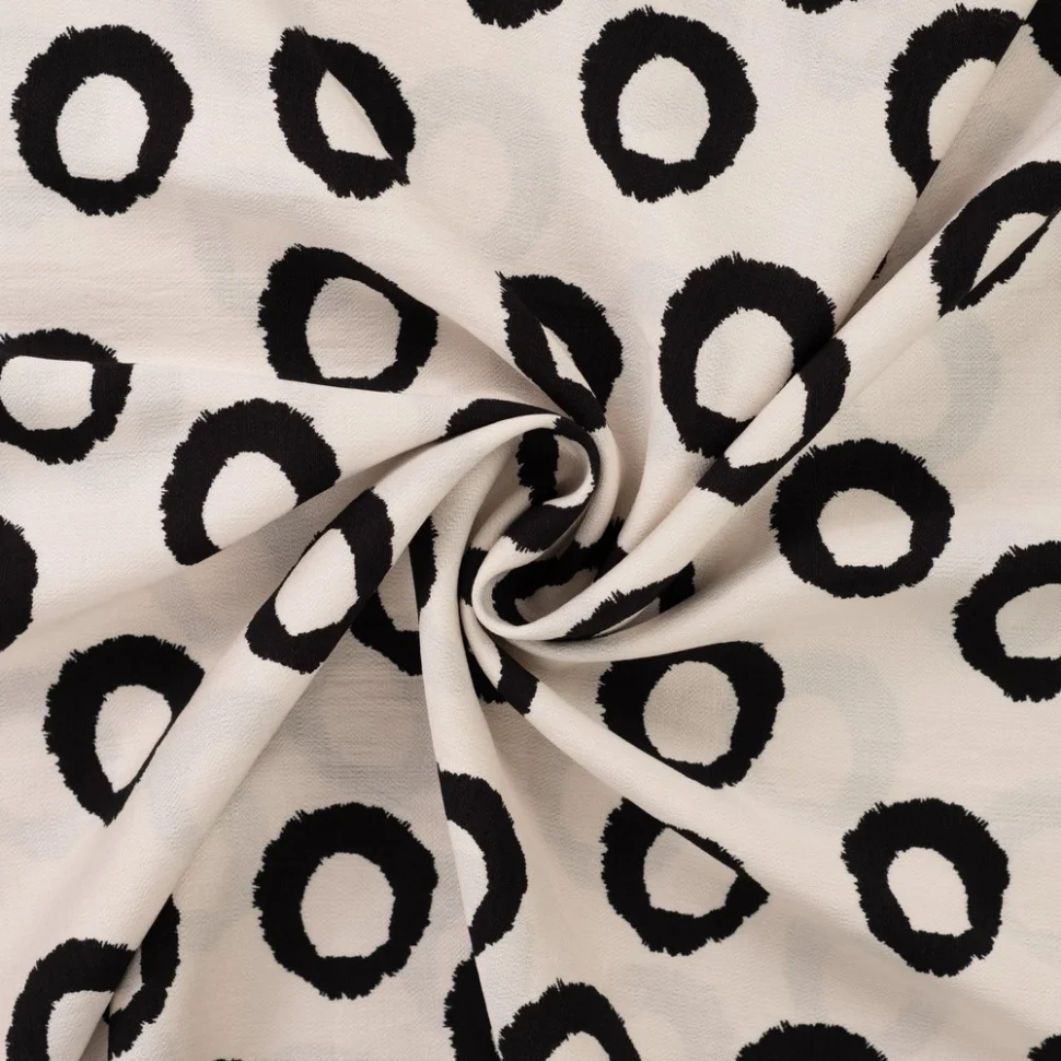 Tissu Viscose texturé Cercles Blanc et Noir sur fond Ecru