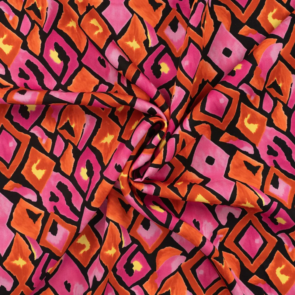 Tissu Viscose satiné Carreaux retro fuschia sur fond Noir