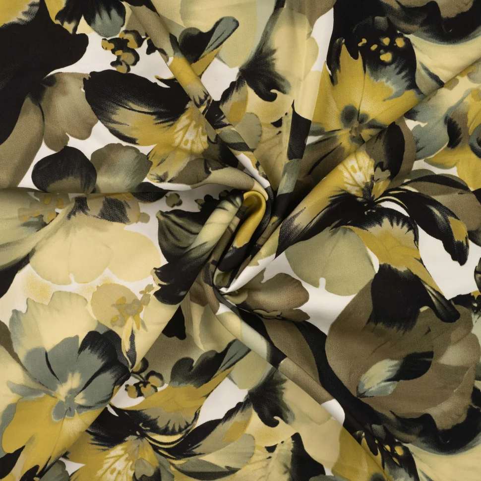 Tissu Viscose satiné Grandes fleurs aquarelles kaki sur fond Blanc