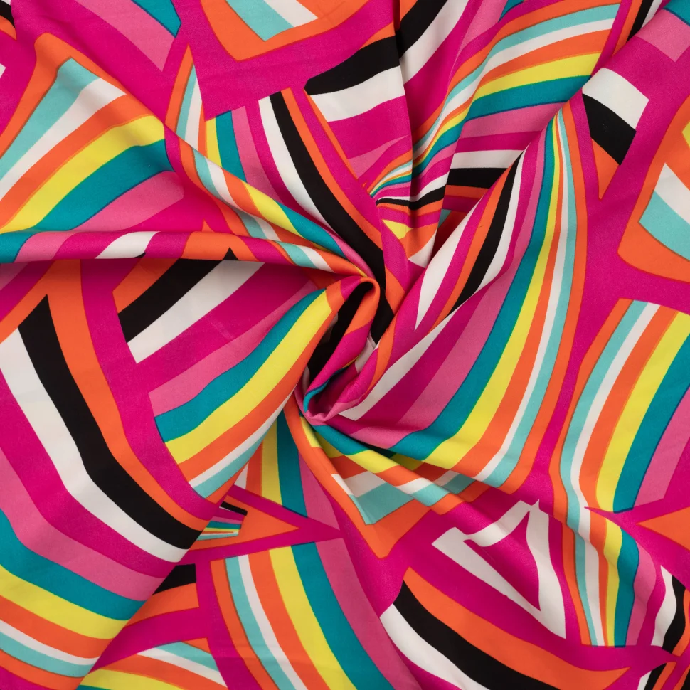 Tissu Viscose satiné Op art sur fond Rose fuchsia