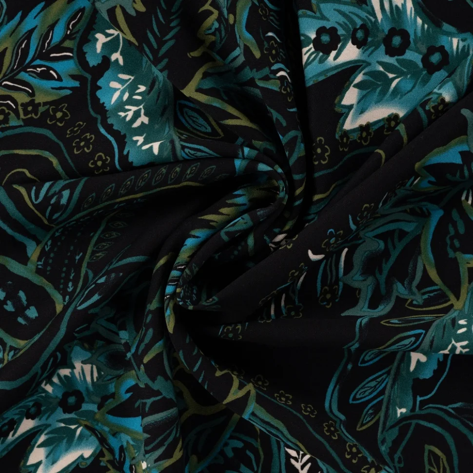 Tissu Viscose twill paisley Bleu sur fond Noir