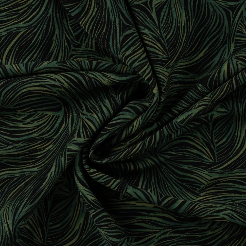 Tissu Viscose twill feuillage graphique Vert sur fond Noir