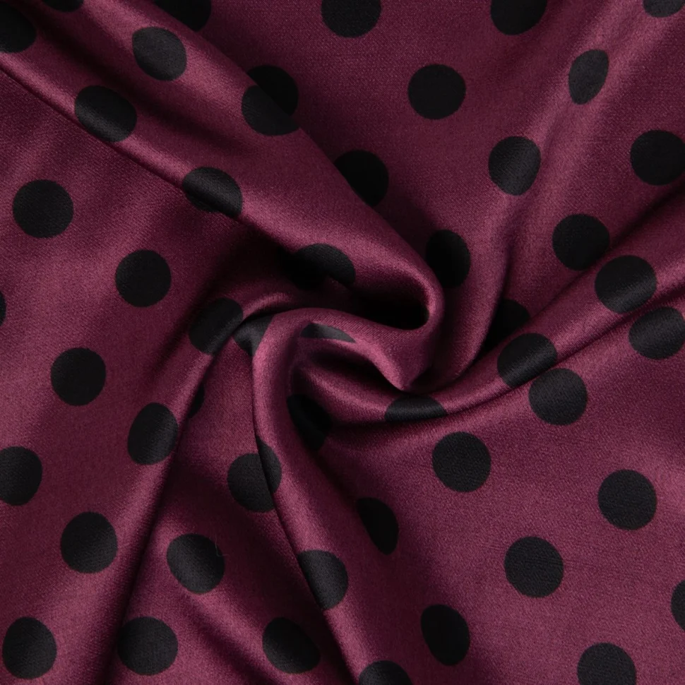 Tissu Viscose Satiné imprimé pois Noir sur fond Lie de vin