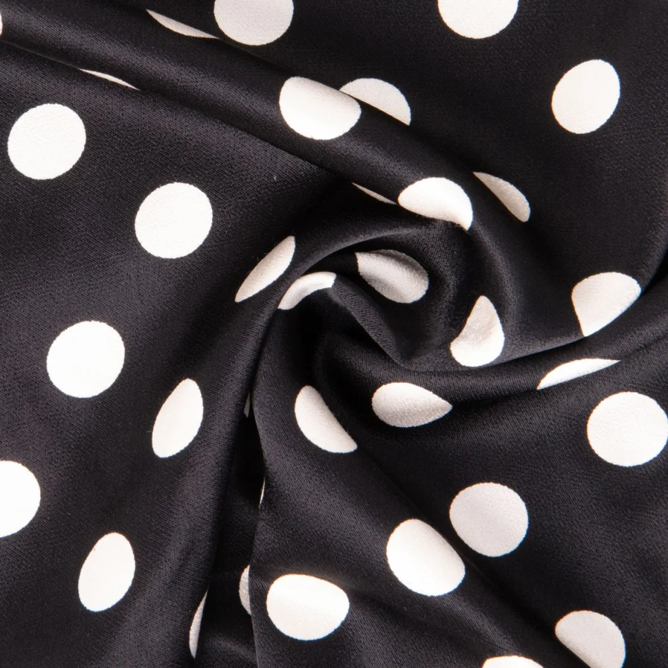 Tissu Viscose Satiné imprimé pois Blanc sur fond Noir