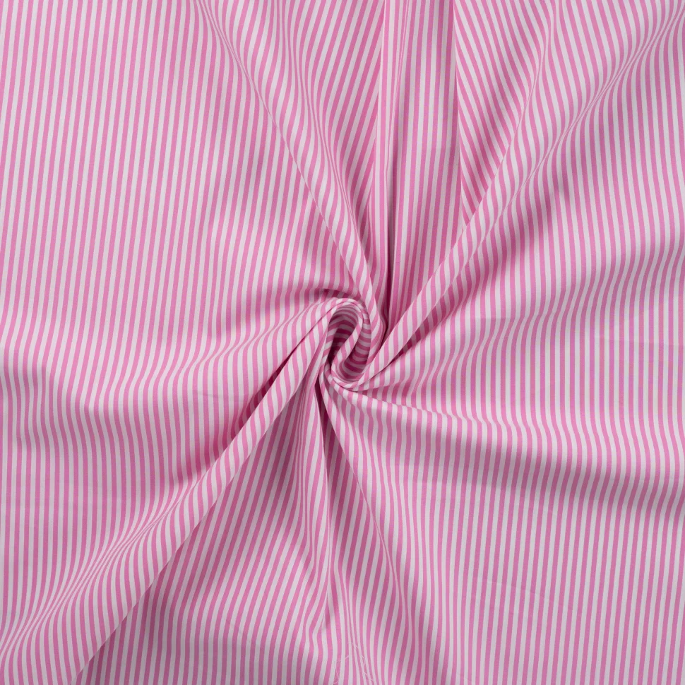 Tissu Popeline de Coton extensible rayé rose sur fond Blanc