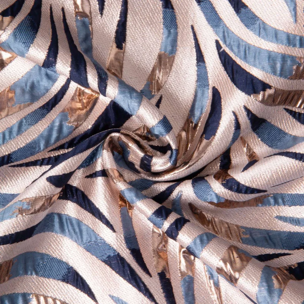 Tissu Jacquard d'habillement Palmeraie brillant Or et Bleu sur fond Naturel