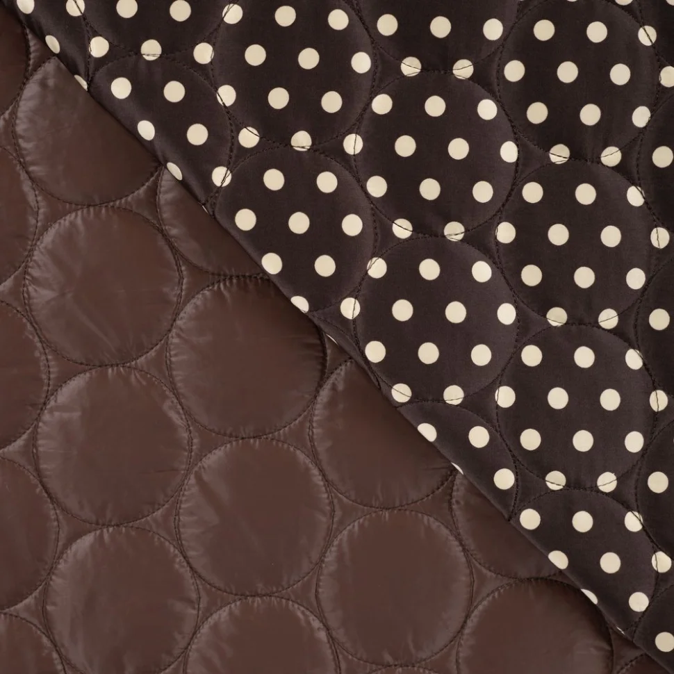 Tissu Doudoune matelassé Betty réversible petits pois Blanc sur fond Marron chocolat