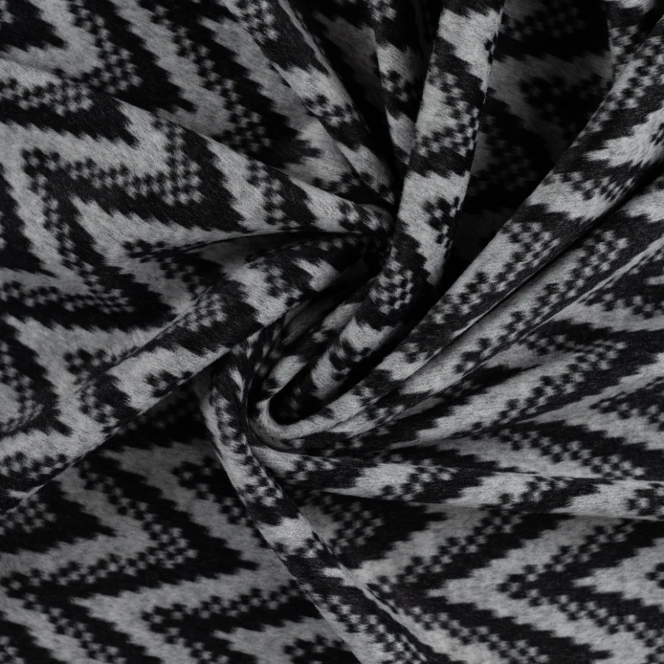 Tissu Caban brossé imprimé chevrons dégradés Noir sur fond Gris clair chiné